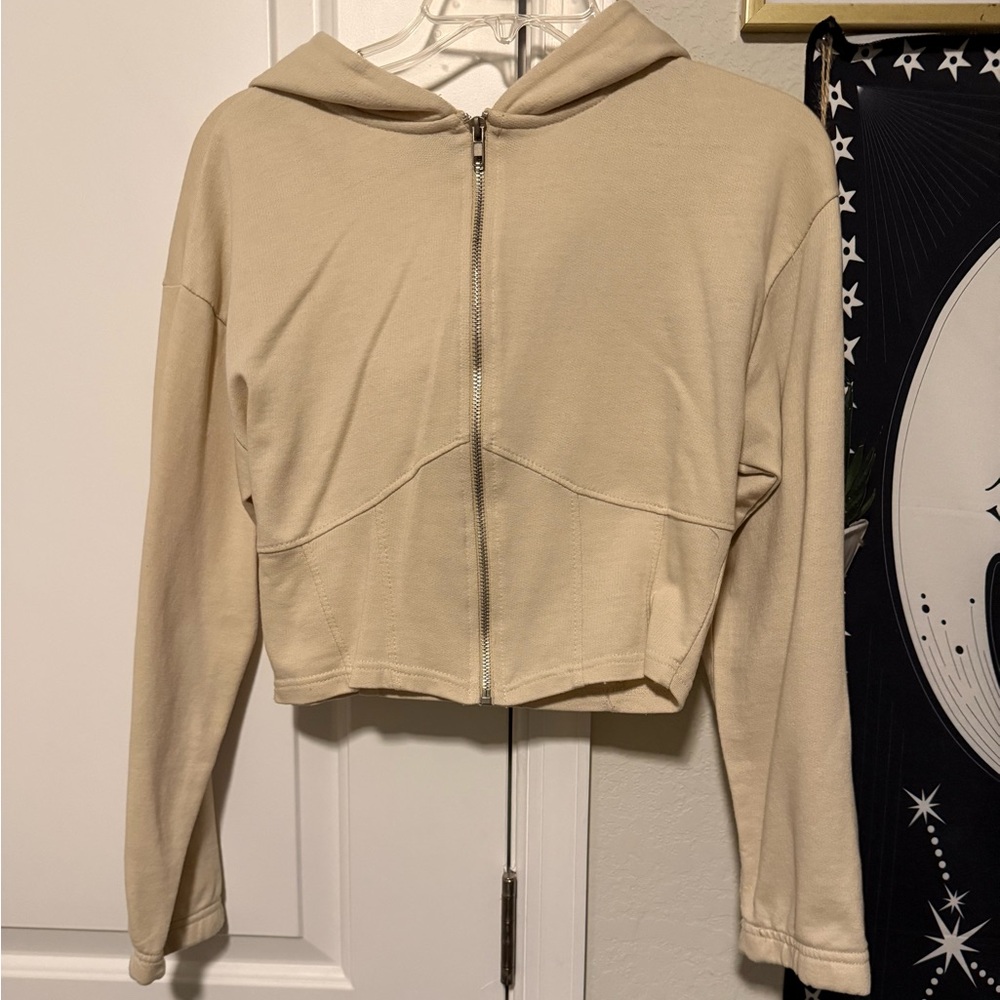 Casual Cream Zip-Up Hoodie for Women